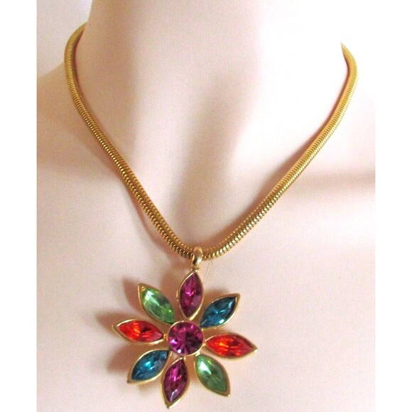 DESIGNER GRAZIANO MULTI COLOR RHINESTONE DAISY FLOWER GOLD CHAIN NECKLACE - Picture 10 of 12